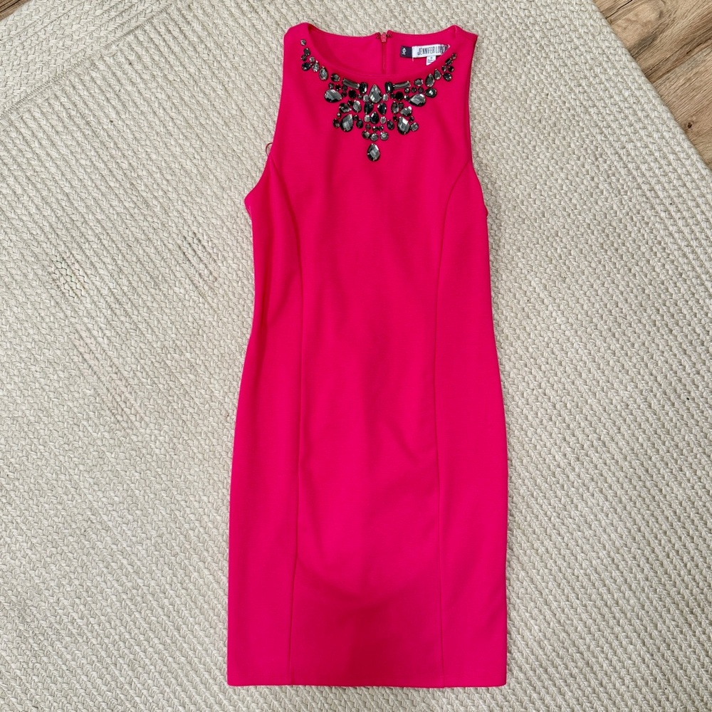 Jennifer Lopez Vibrant Pink Midi Dress with Jewel Accents